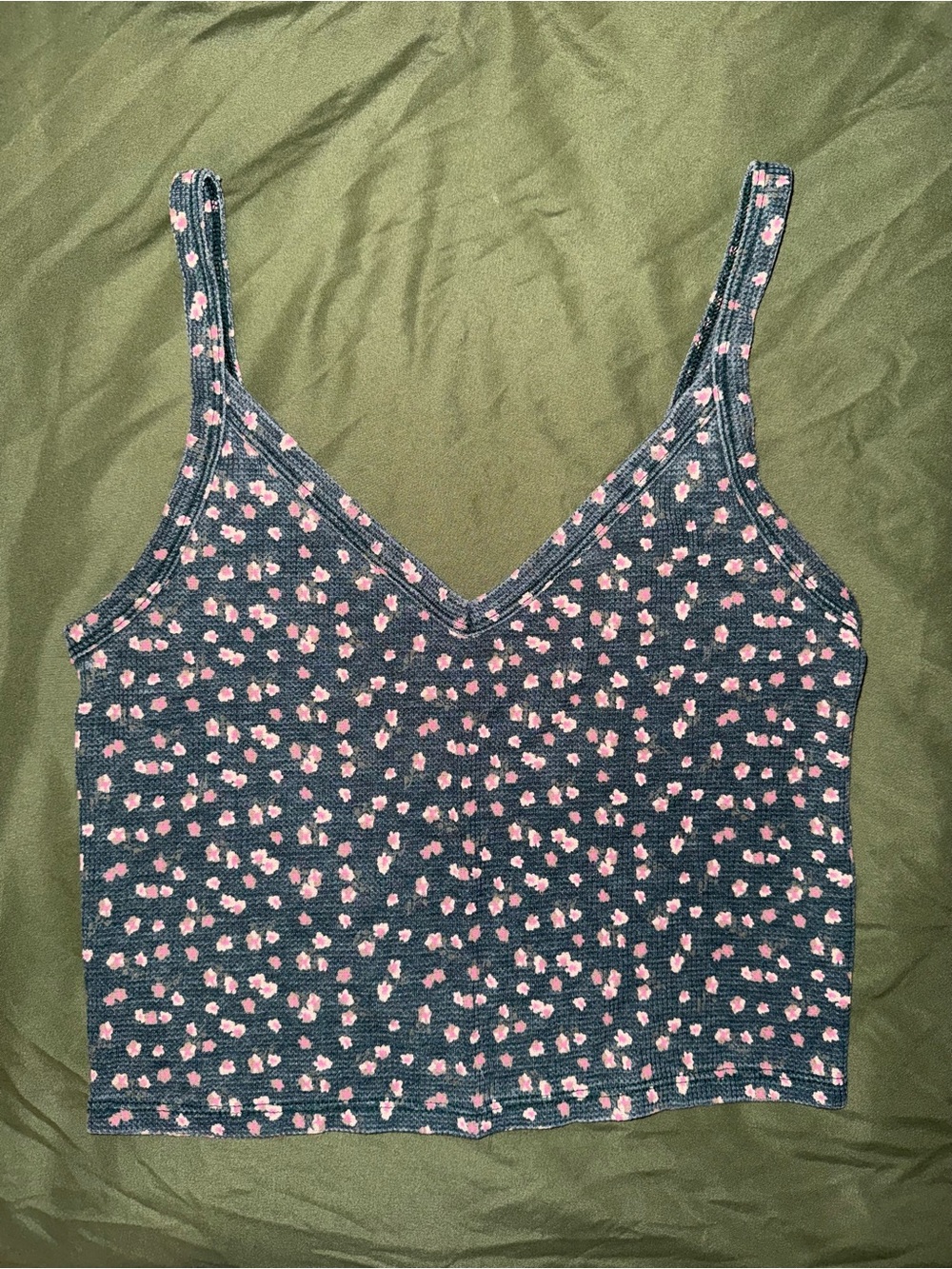 American Eagle Outfitters Blue Ribbed Floral Dot Cami with Pink Flowers